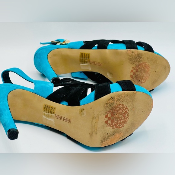 VINCE CAMUTO Blk&Turquoise XCross Strappy Suede 4” Platform Heels US 7.5 EU 37.5 - Picture 7 of 7
